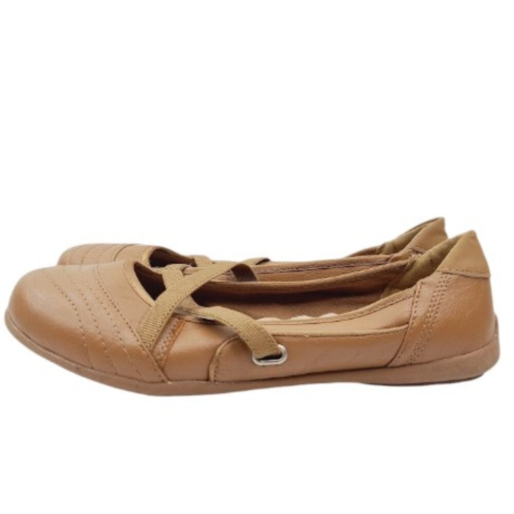 Comfortview Women's Tan Leather‎ Cross Strap Marry Jane Flat Size 9.5M